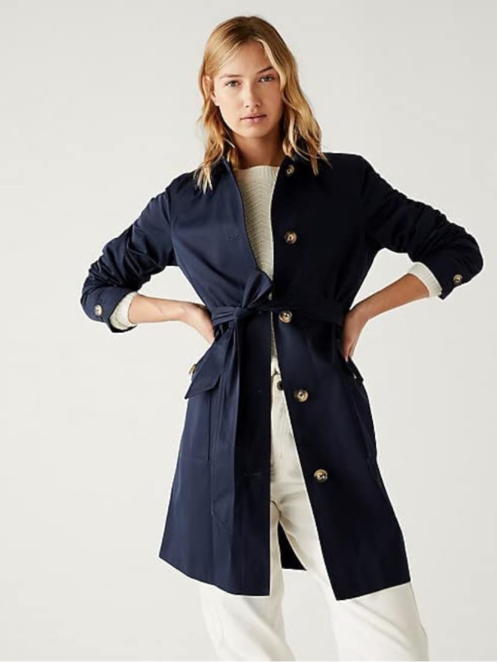 Marks & Spencer Women's Cotton Blend Belted Mid Thigh Trench Coat US 6 Navy